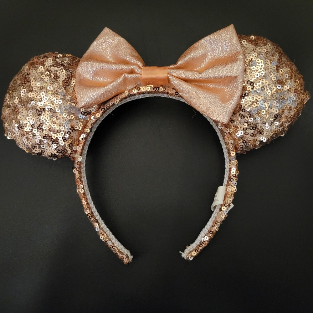Disney*Parks Rose Gold & Pink Bow Minnie Mouse Sequin Ears Headband Authentic